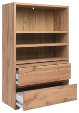 Holzregal mit zwei offenen Schubladen und mehreren Ablagefächern, seitliche Perspektive