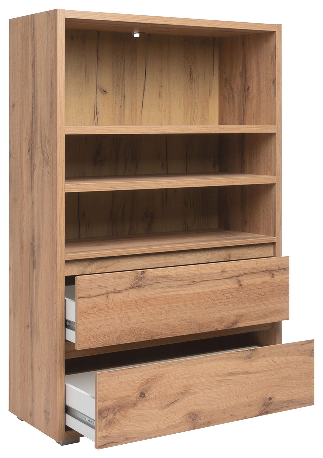 Z2 Regal IMAGE Holzregal mit zwei offenen Schubladen und mehreren Ablagefächern, seitliche Perspektive