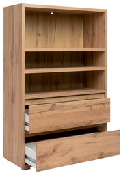 Holzregal mit zwei offenen Schubladen und mehreren Ablagefächern, seitliche Perspektive