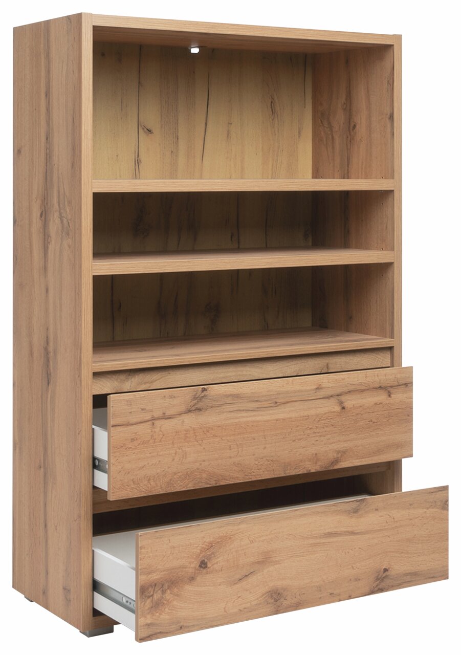 Z2 Regal IMAGE Holzregal mit zwei offenen Schubladen und mehreren Ablagefächern, seitliche Perspektive