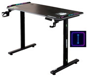 Moderner Gaming-Tisch mit RGB-Beleuchtung und höhenverstellbarer Funktion, seitliche Perspektive