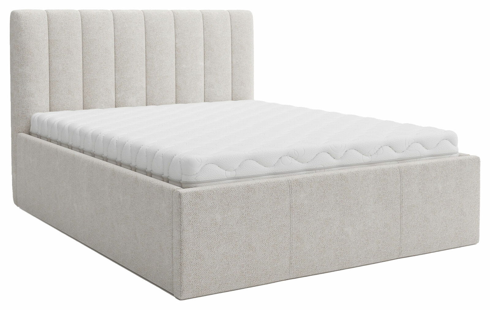 Polsterbett in hellem Stoff mit gestepptem Kopfteil, seitliche Perspektive