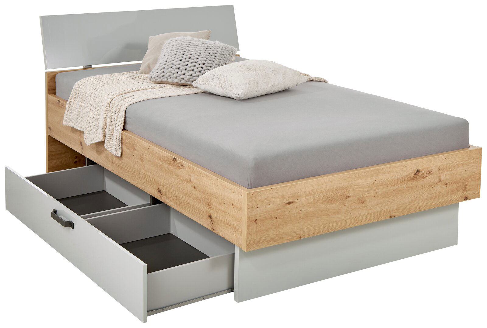 Bett mit Holzoptik und grauer Matratze, ausgestattet mit einer offenen Schublade an der Seite, seitliche Perspektive
