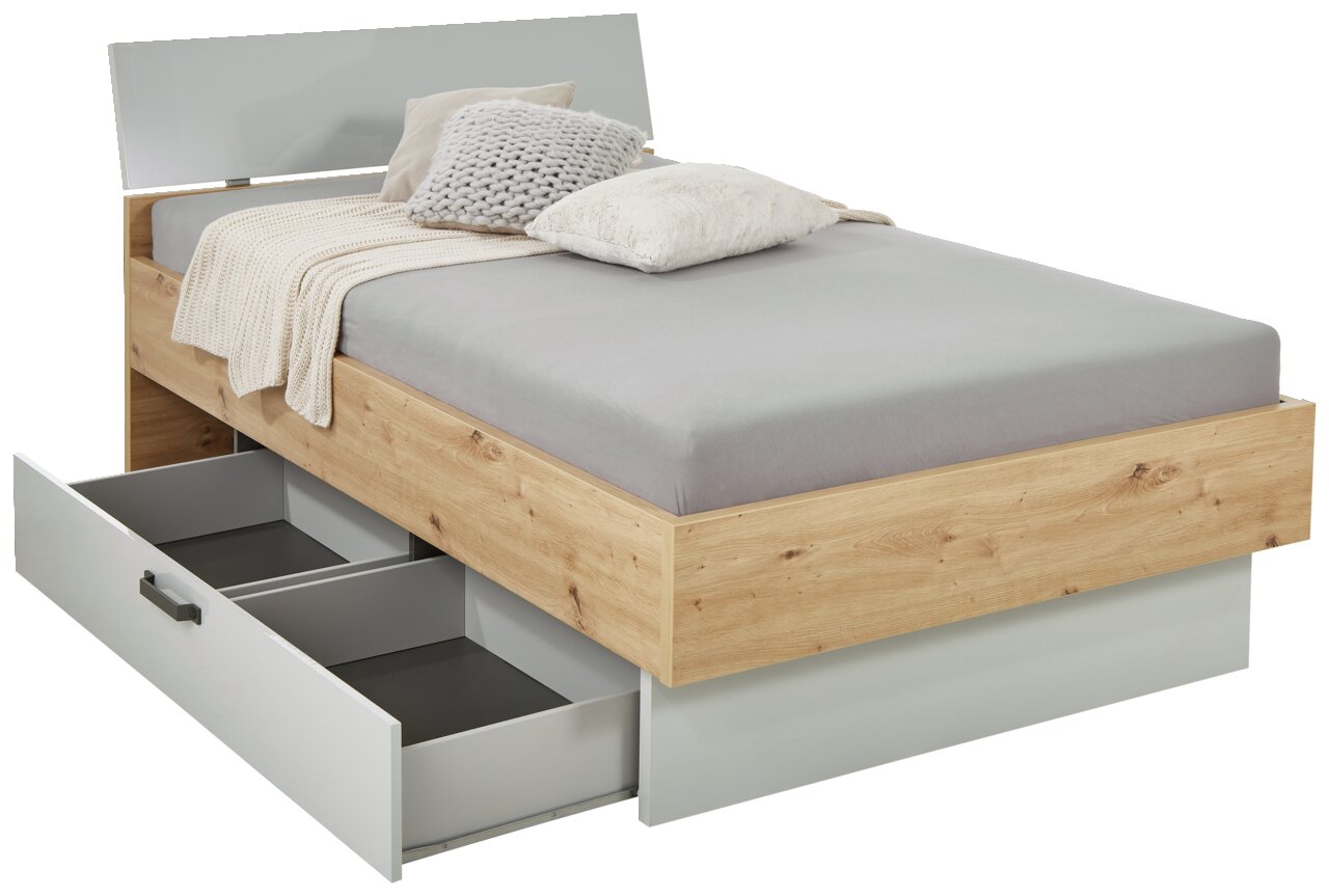 Bett mit Holzoptik und grauer Matratze, ausgestattet mit einer offenen Schublade an der Seite, seitliche Perspektive