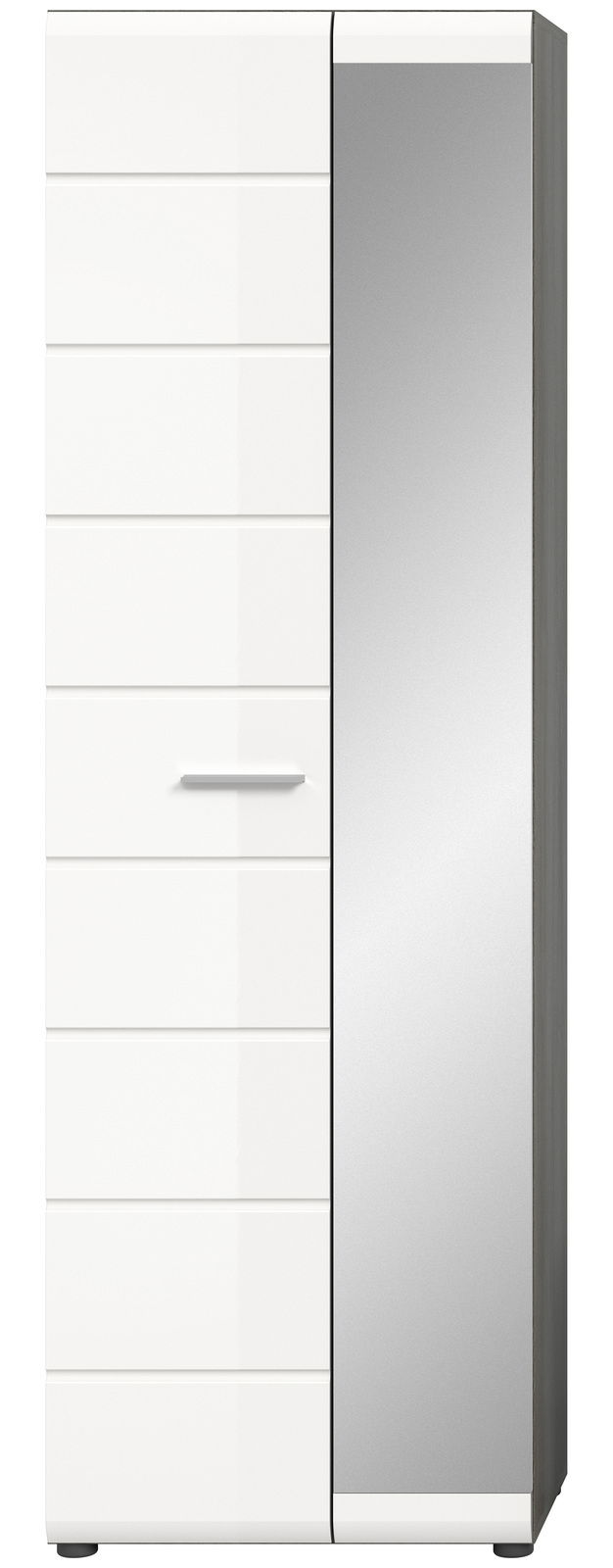 Moderner Garderobenschrank mit weißer Front und Spiegeltür, Frontalansicht