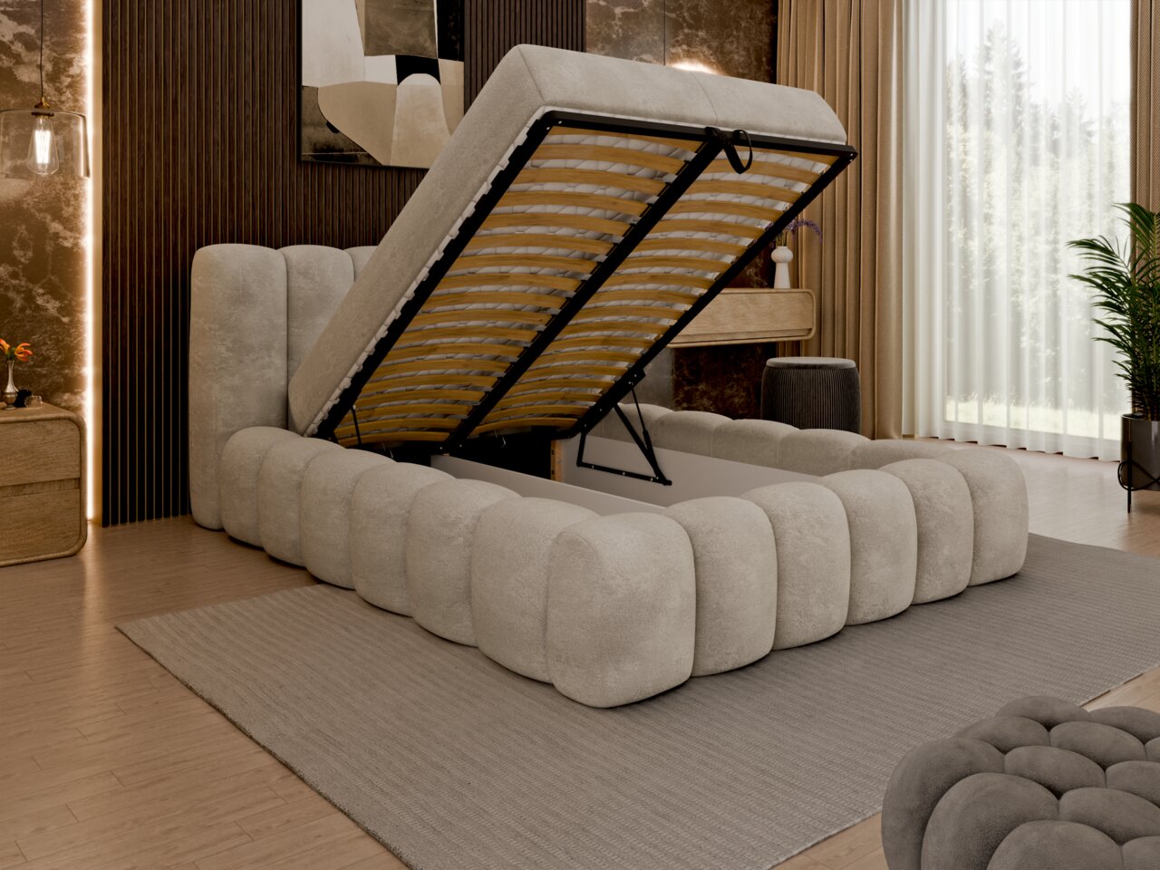 Polsterbettgestell mit hochgeklappter Matratzenauflage, seitliche Perspektive, modernes Schlafzimmerdesign.