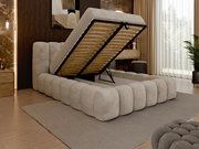 Polsterbettgestell mit hochgeklappter Matratzenauflage, seitliche Perspektive, modernes Schlafzimmerdesign.