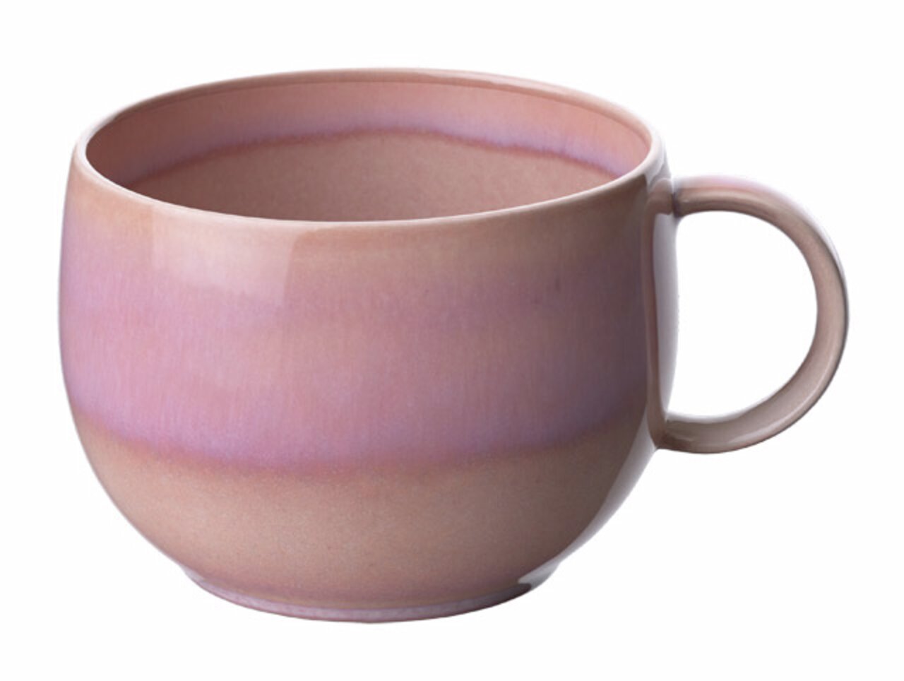 Kaffeetasse in sanften Rosa- und Lila-Tönen, seitliche Perspektive