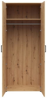 Offener Mehrzweck-Kleiderschrank aus Holz mit einer Kleiderstange und einem Regalbrett, frontale Ansicht.