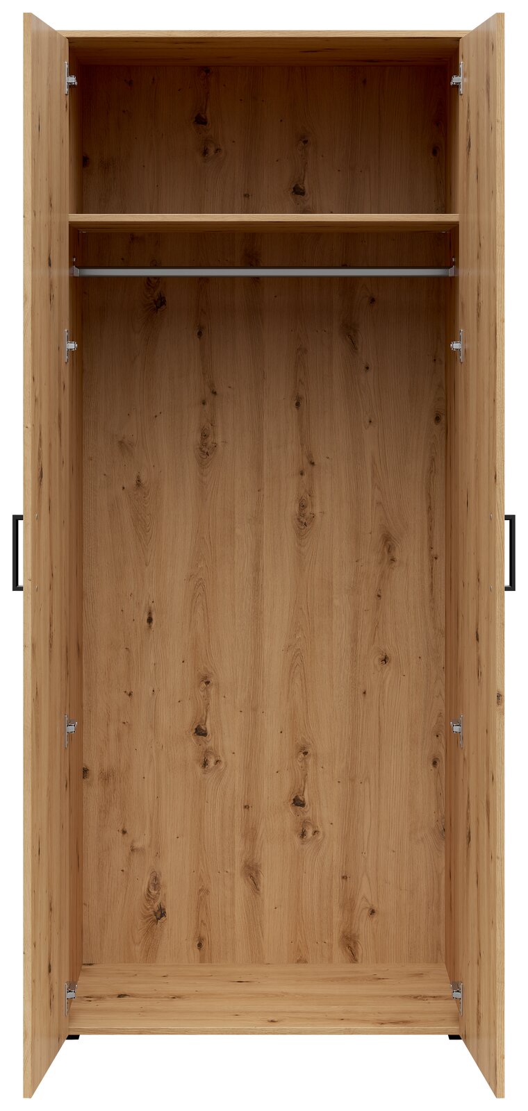 Offener Mehrzweck-Kleiderschrank aus Holz mit einer Kleiderstange und einem Regalbrett, frontale Ansicht.