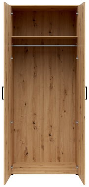 Offener Mehrzweck-Kleiderschrank aus Holz mit einer Kleiderstange und einem Regalbrett, frontale Ansicht.