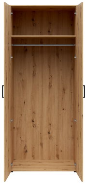 Offener Mehrzweck-Kleiderschrank aus Holz mit einer Kleiderstange und einem Regalbrett, frontale Ansicht.