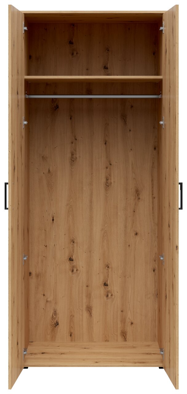 Offener Mehrzweck-Kleiderschrank aus Holz mit einer Kleiderstange und einem Regalbrett, frontale Ansicht.