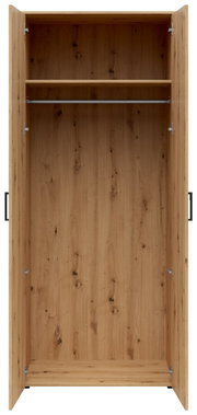 Offener Mehrzweck-Kleiderschrank aus Holz mit einer Kleiderstange und einem Regalbrett, frontale Ansicht.