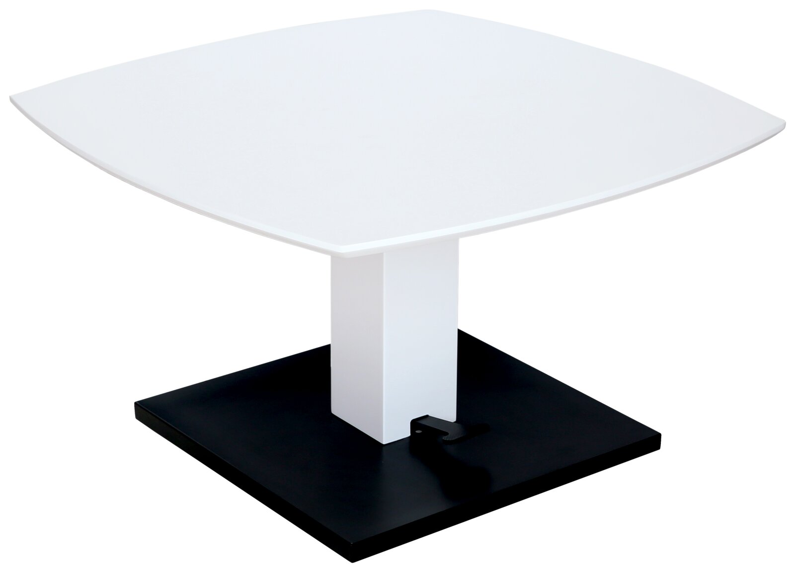 Moderner Couchtisch mit weißer quadratischer Tischplatte und schwarzem Sockel, seitliche Perspektive