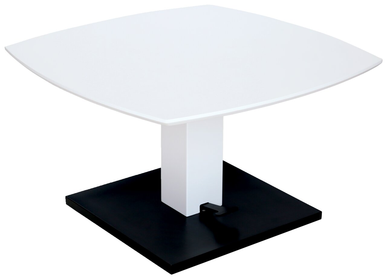 Moderner Couchtisch mit weißer quadratischer Tischplatte und schwarzem Sockel, seitliche Perspektive