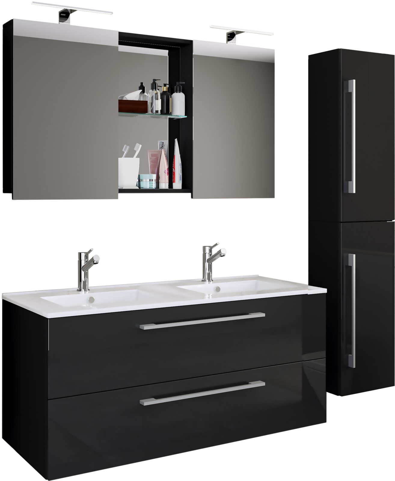 VCM 4-tlg. Waschplatz BUDASI Modernes Badmöbel-Set in Schwarz Hochglanz mit Doppelwaschtisch, zwei Spiegelschränken mit LED-Aufsatzleuchten und Hochschrank, frontal aus leicht erhöhter Perspektive dargestellt