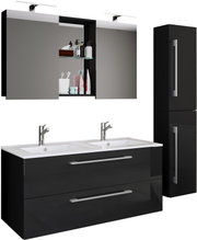 Modernes Badmöbel-Set in Schwarz Hochglanz mit Doppelwaschtisch, zwei Spiegelschränken mit LED-Aufsatzleuchten und Hochschrank, frontal aus leicht erhöhter Perspektive dargestellt