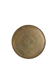 Runde, antike Schale mit einem Durchmesser von 40 cm, aus einer goldbraunen Metalloptik, von oben betrachtet.