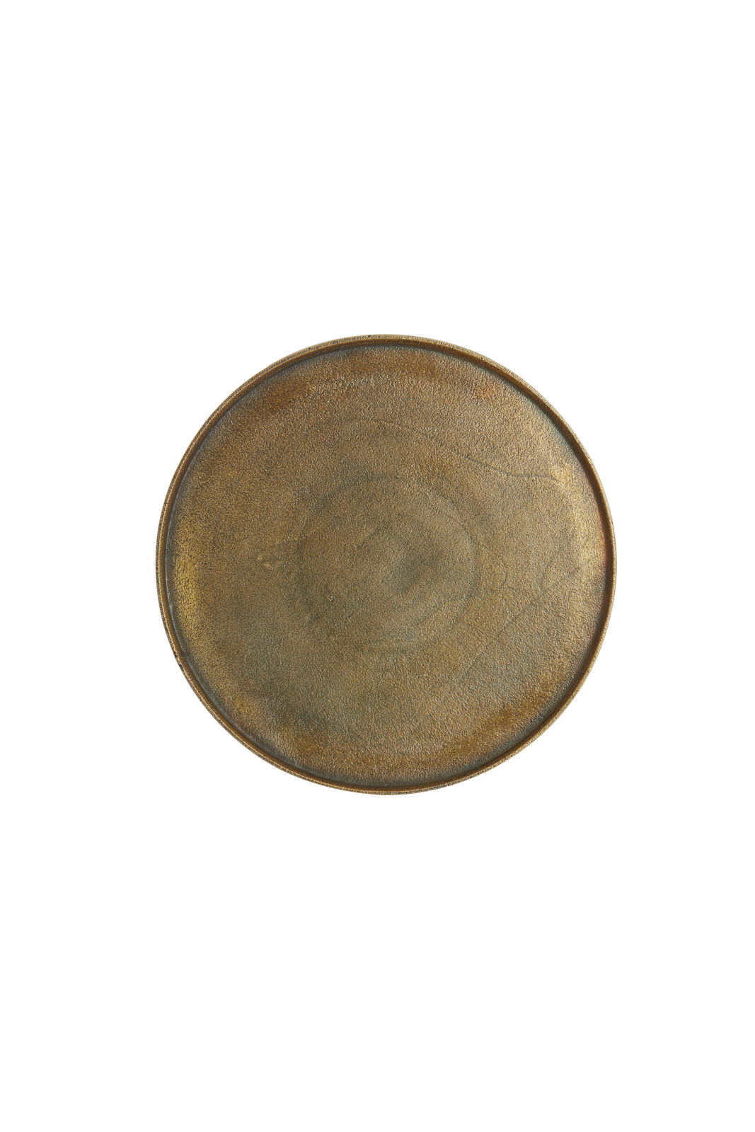 Runde, antike Schale mit einem Durchmesser von 40 cm, aus einer goldbraunen Metalloptik, von oben betrachtet.