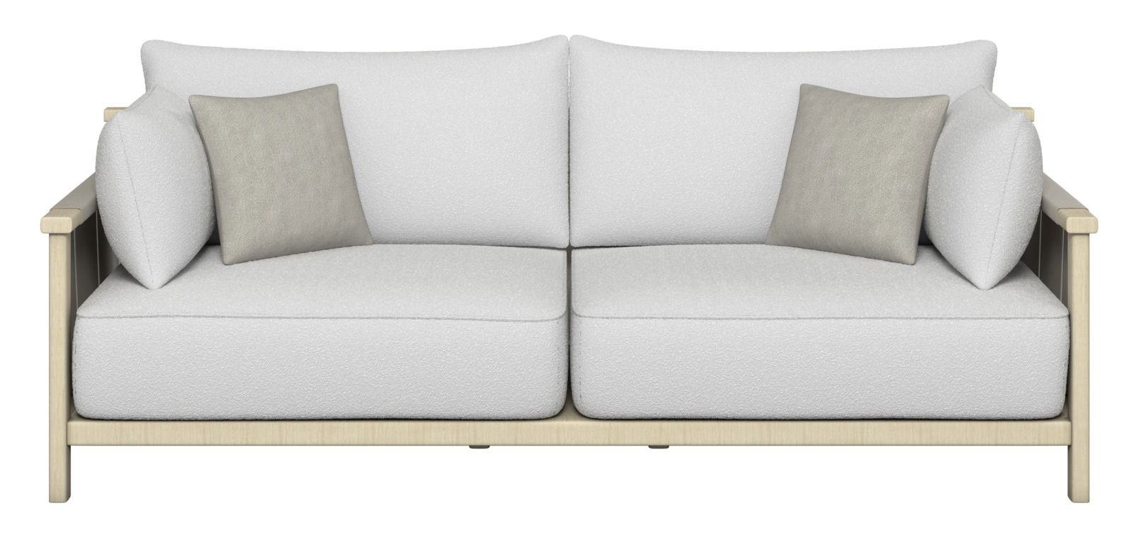 Frontale Ansicht eines modernen 2-Sitzer Loungesofas mit hellgrauen Kissen und einem hellen Holzrahmen.