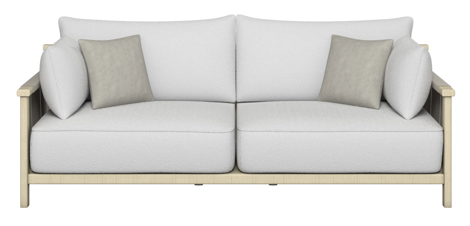 Frontale Ansicht eines modernen 2-Sitzer Loungesofas mit hellgrauen Kissen und einem hellen Holzrahmen.