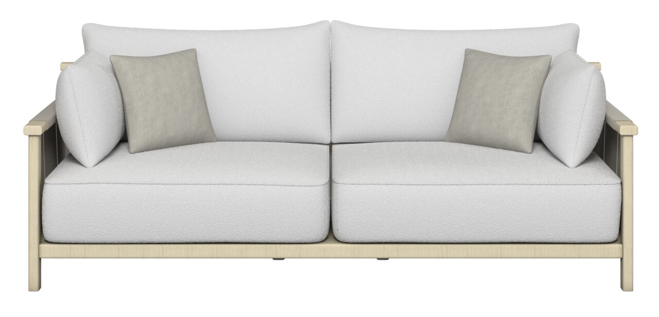 Frontale Ansicht eines modernen 2-Sitzer Loungesofas mit hellgrauen Kissen und einem hellen Holzrahmen.