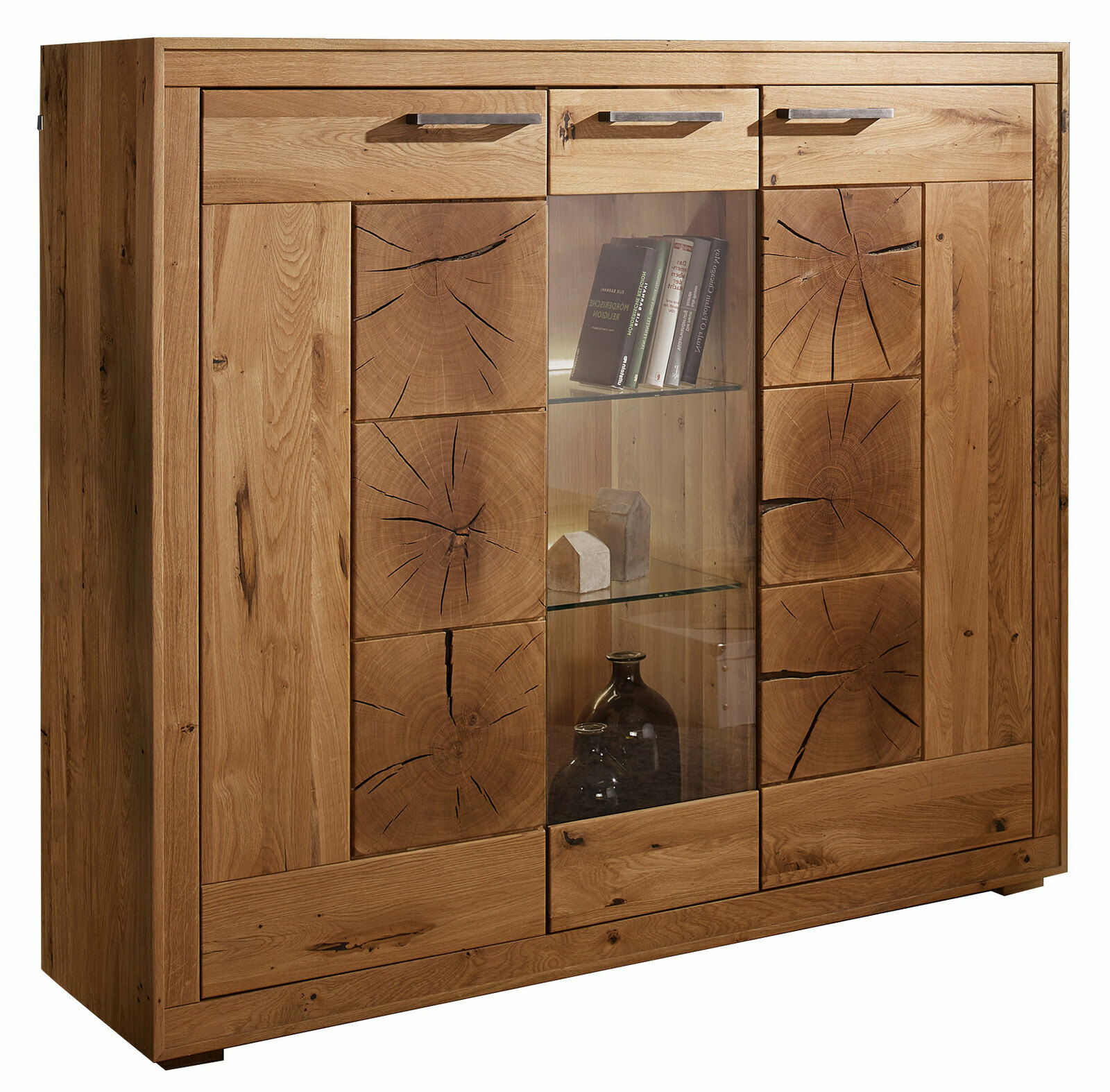 Landscape Highboard II MERAN Hochwertiges Highboard aus Holz mit Glasvitrine, seitliche Perspektive