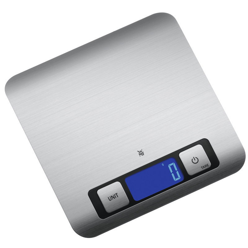 WMF Digitale Küchenwaage 20x20cm Digitale Küchenwaage in Silber mit blauer LED-Anzeige, Ansicht von oben