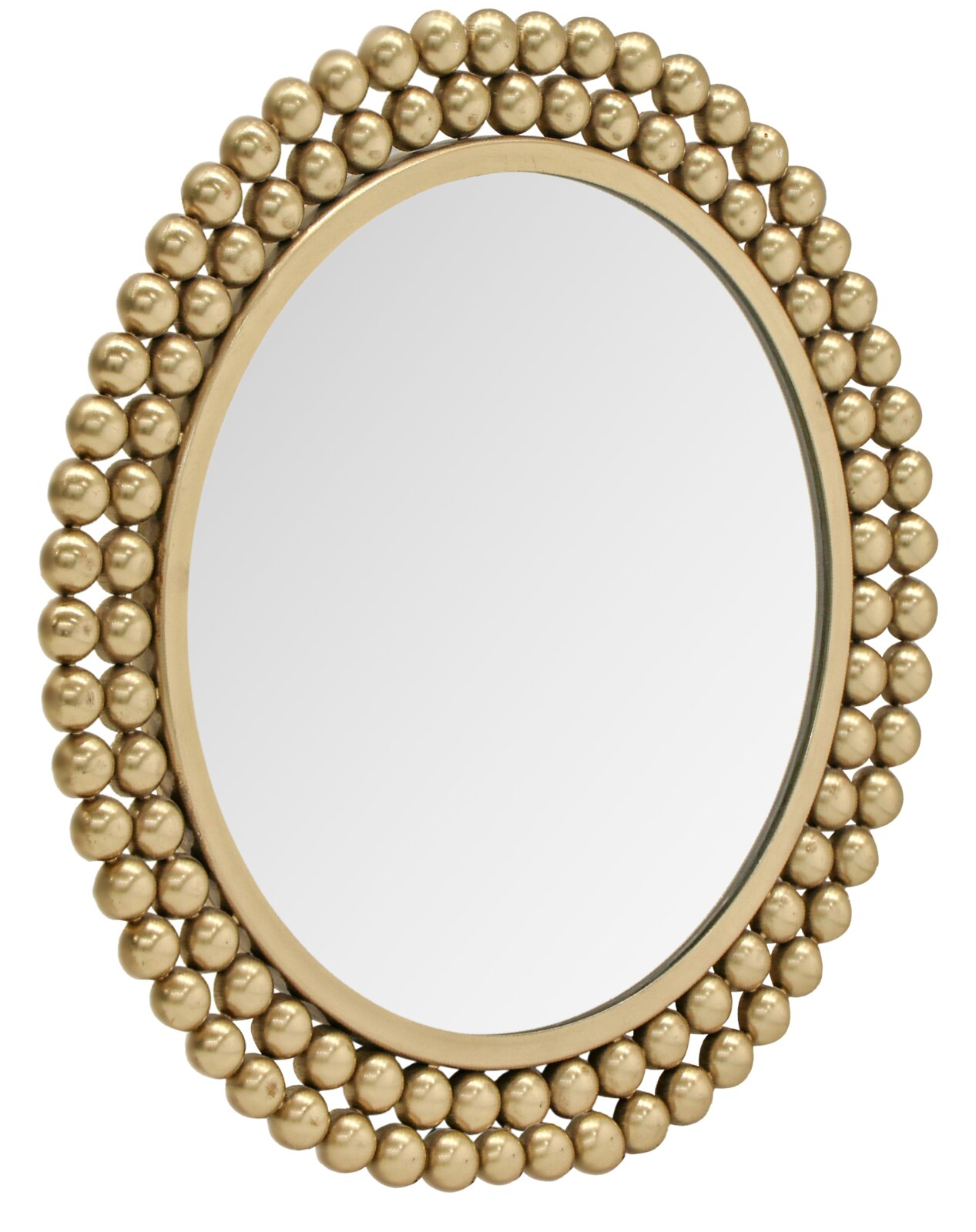Ronde spiegel met een lijst van gouden bolletjes, vooraanzicht