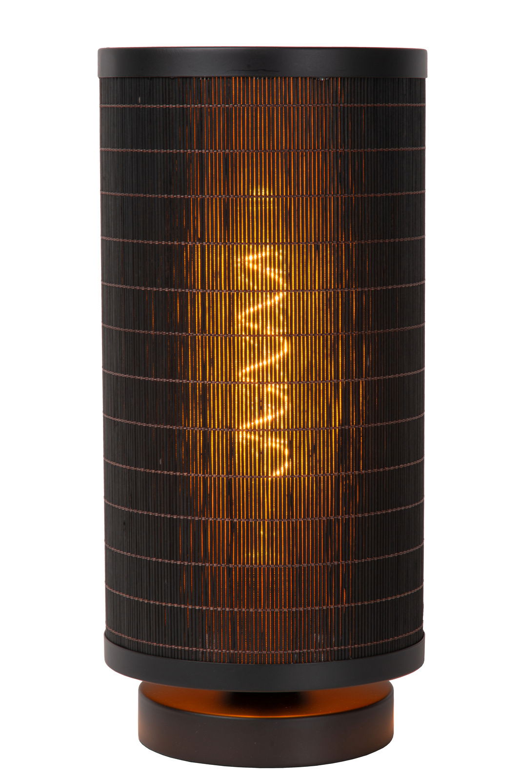 Zylindrische Tischlampe mit schwarzem, gitterartigem Schirm und warmem Licht, frontal aufgenommen.