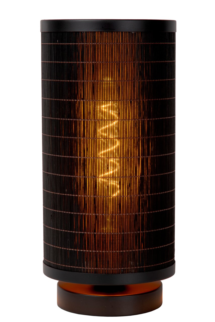 Zylindrische Tischlampe mit schwarzem, gitterartigem Schirm und warmem Licht, frontal aufgenommen.