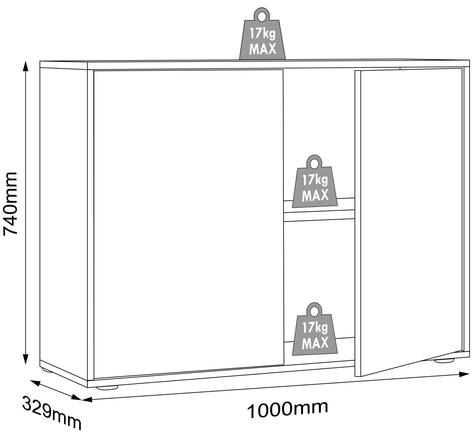 Offenes Sideboard/Schrank mit zwei Türen und Innenfächern, Maße ca. 1000 x 329 x 740 mm, je Fach bis 17 kg belastbar, dargestellt in schräger Frontansicht von links.