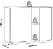 Offenes Sideboard/Schrank mit zwei Türen und Innenfächern, Maße ca. 1000 x 329 x 740 mm, je Fach bis 17 kg belastbar, dargestellt in schräger Frontansicht von links.