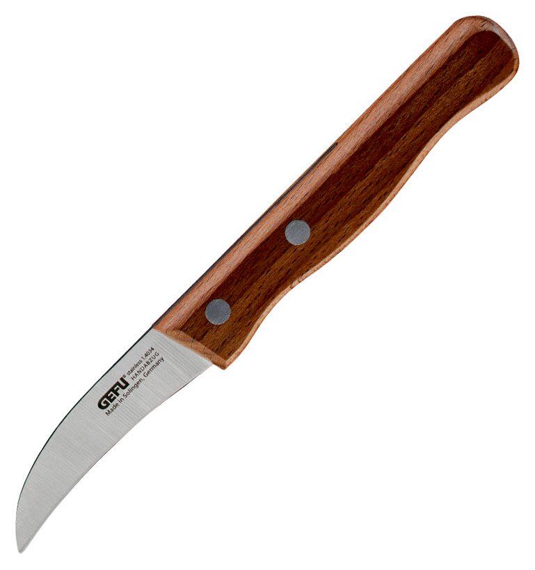 Schälmesser mit gebogener Klinge und Holzgriff, seitliche Ansicht