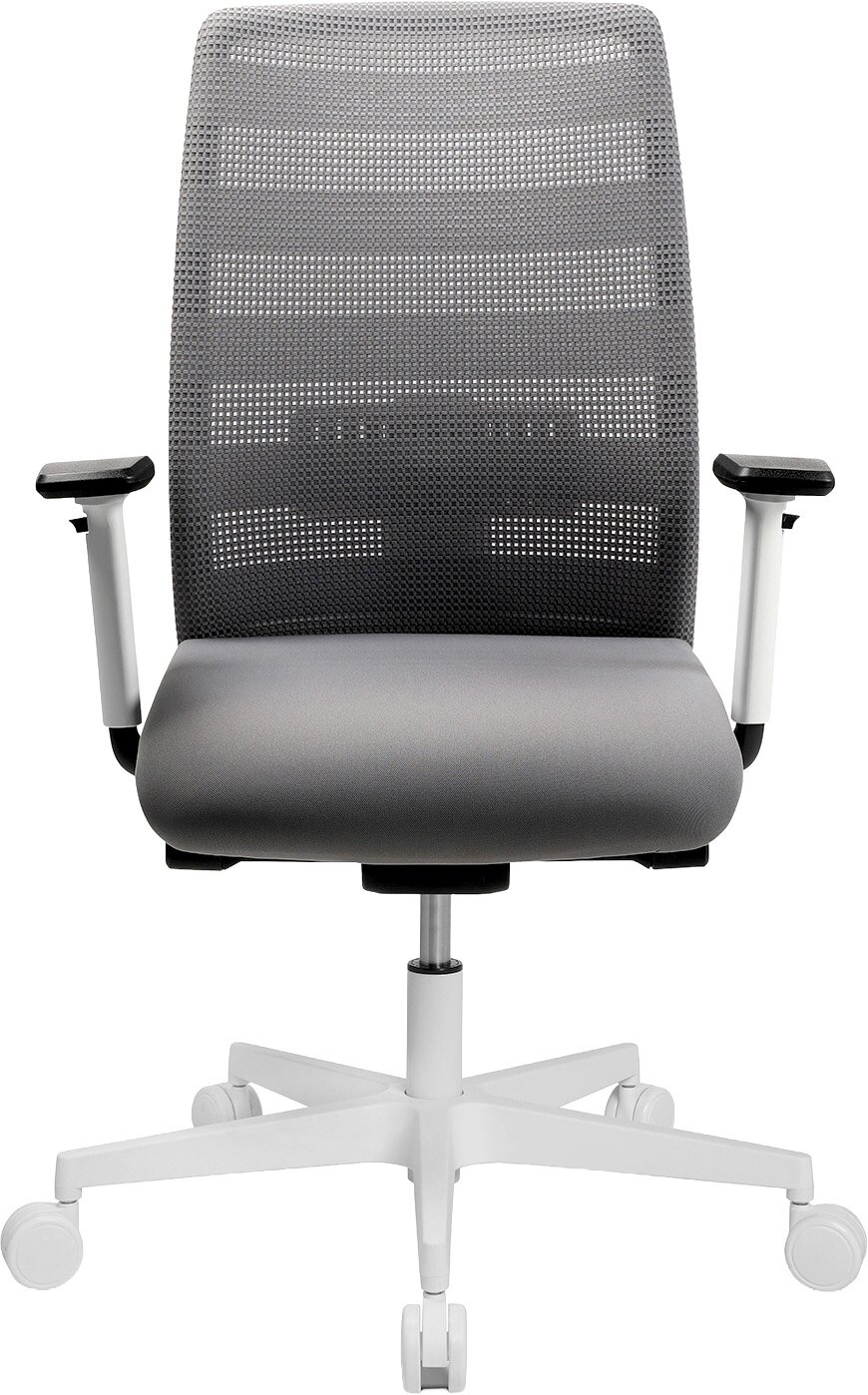 Ergonomischer Bürodrehstuhl mit grauer Netzrückenlehne, grauer Sitzfläche, schwarzen Armlehnen und weißem Fußkreuz mit Rollen, Frontansicht