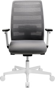 Ergonomischer Bürodrehstuhl mit grauer Netzrückenlehne, grauer Sitzfläche, schwarzen Armlehnen und weißem Fußkreuz mit Rollen, Frontansicht