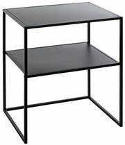 Moderner schwarzer Beistelltisch mit zwei Ebenen, seitliche Perspektive