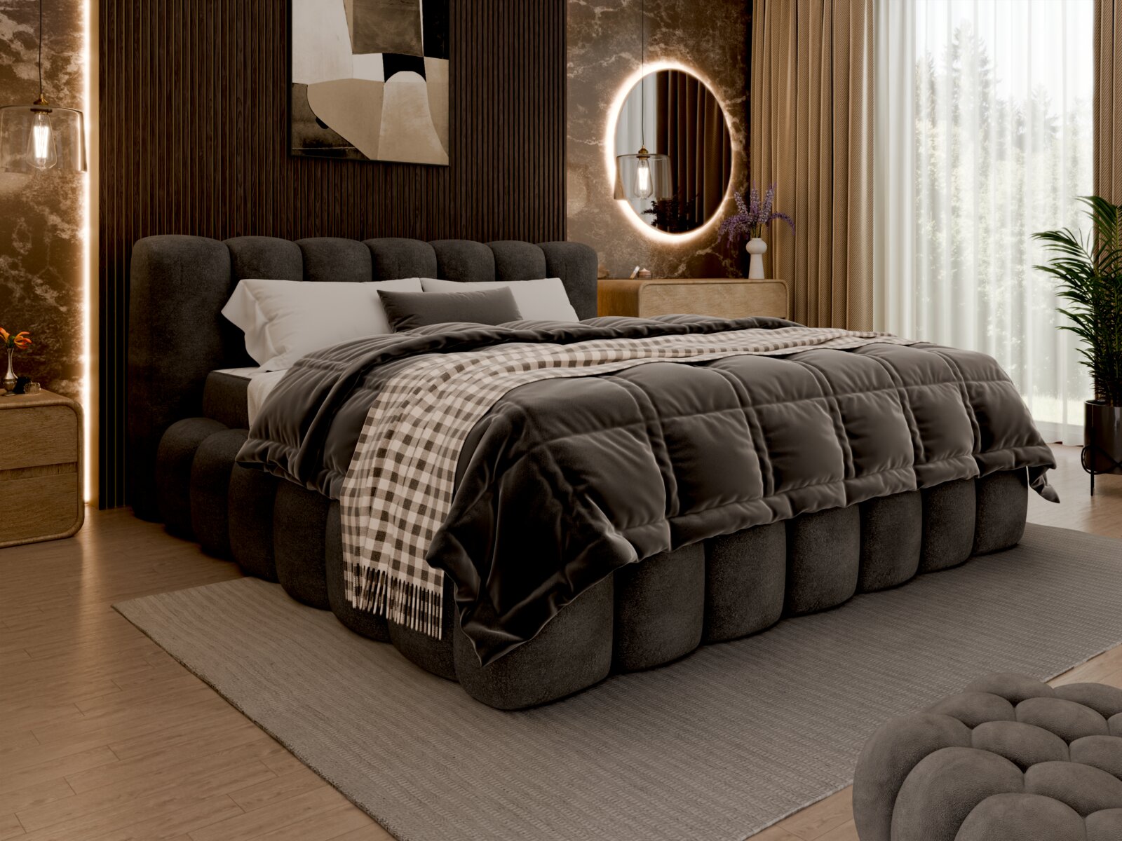 Novel Polsterbettgestell inkl. LR NOBO Polsterbettgestell in einem modernen Schlafzimmer, seitliche Perspektive, mit grauem, gestepptem Design und gemütlicher Bettwäsche.