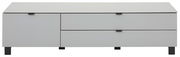 Modernes TV-Lowboard in Weiß mit zwei Schubladen und einer Tür, frontale Ansicht.