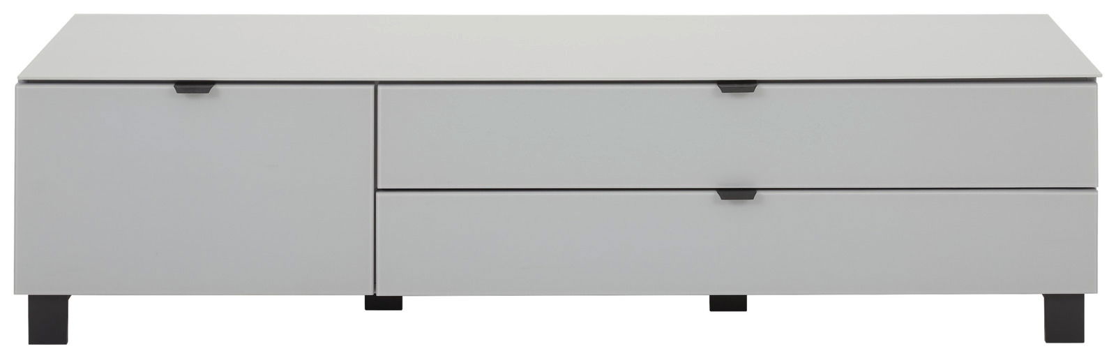 Modernes TV-Lowboard in Weiß mit zwei Schubladen und einer Tür, frontale Ansicht.