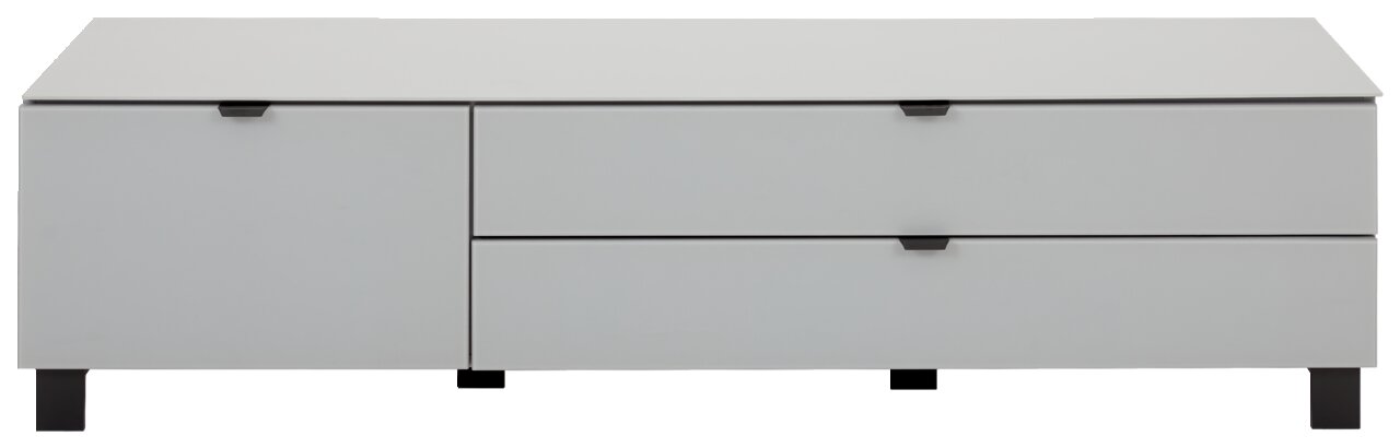 Modernes TV-Lowboard in Weiß mit zwei Schubladen und einer Tür, frontale Ansicht.
