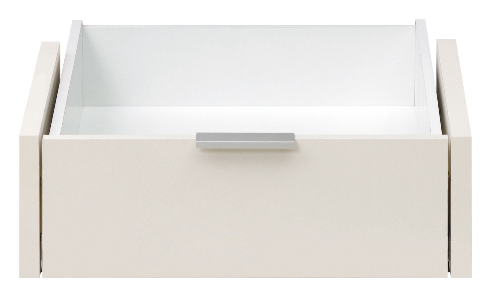 Frontansicht einer weißen Innenschublade mit silbernem Griff.