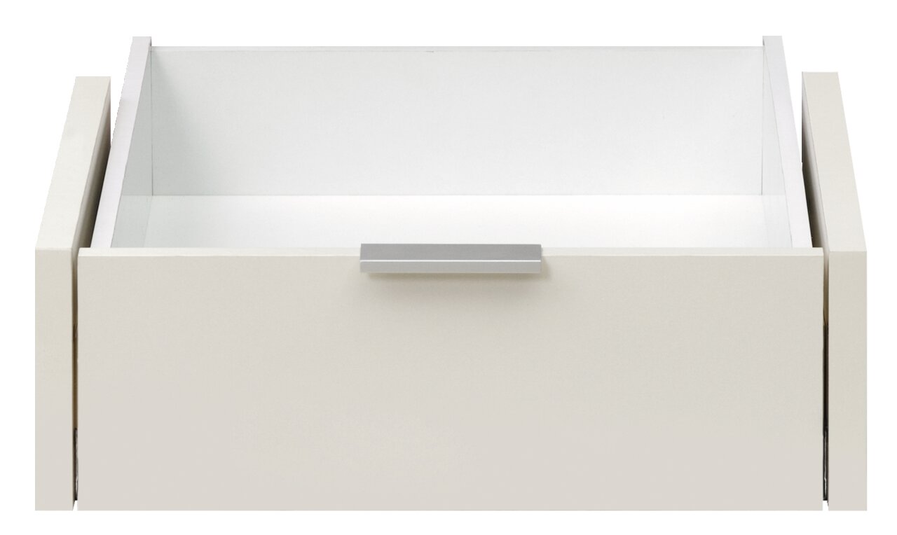 Frontansicht einer weißen Innenschublade mit silbernem Griff.