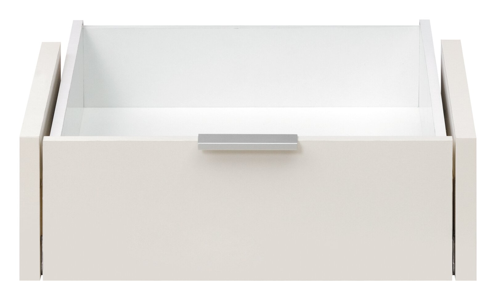 Frontansicht einer weißen Innenschublade mit silbernem Griff.