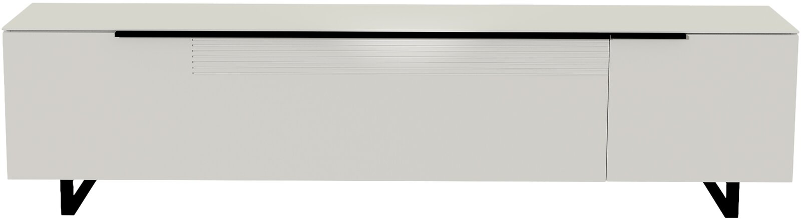 Moderano XL TV-Lowboard BORMIO Frontansicht eines modernen, weißen XL TV-Lowboards mit schwarzen Beinen und minimalistischen Linien.
