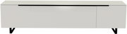 Frontansicht eines modernen, weißen XL TV-Lowboards mit schwarzen Beinen und minimalistischen Linien.
