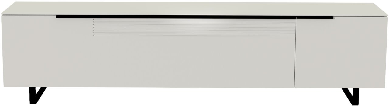 Vooraanzicht van een modern, wit XL-tv-lowboard met zwarte poten en minimalistische lijnen.