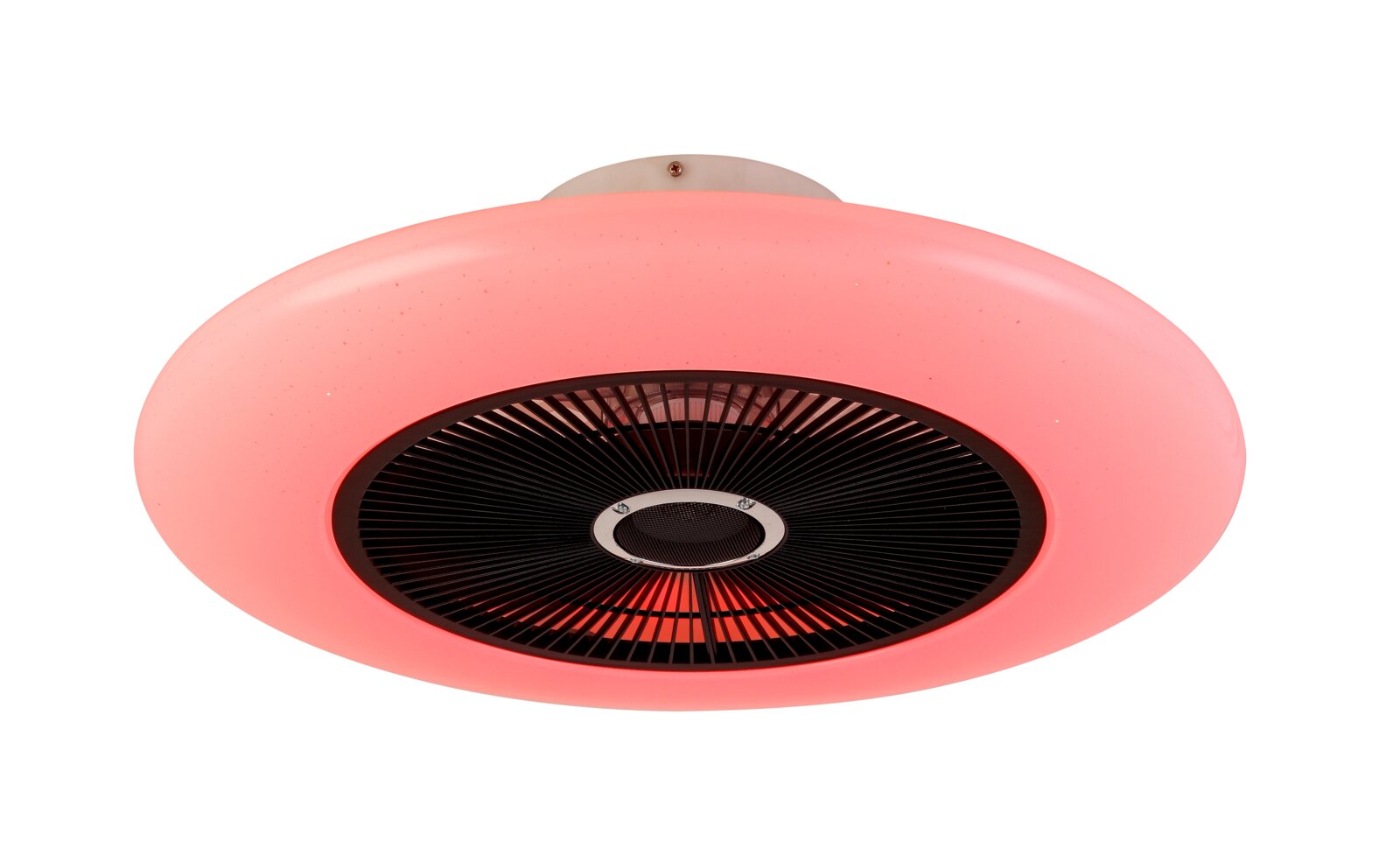 Roze plafondventilator met een modern ontwerp, gezien van onderaf