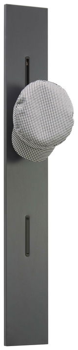 Garderobenpaneel in dunklem Design mit einem Haken, auf dem eine karierte Mütze hängt, seitliche Perspektive.